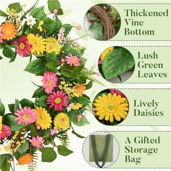 Spring Wreaths for Front Door, 22'' Summer Front Door Wreath with Daisy Flowers - Picture 4 of 7